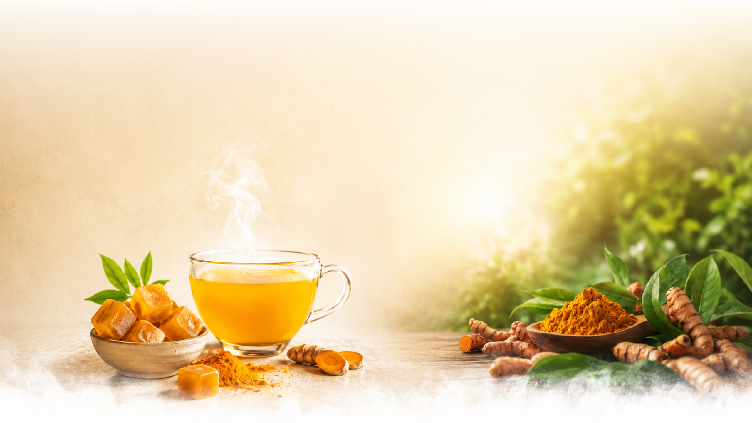 Turmeric tea with golden turmeric ice cubes